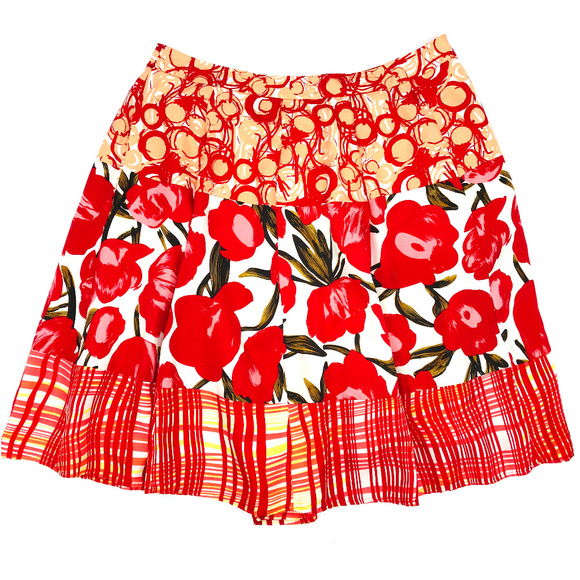 Peter Nygard A Line Silk Skirt Red Poppy Floral 14 - Picture 1 of 5